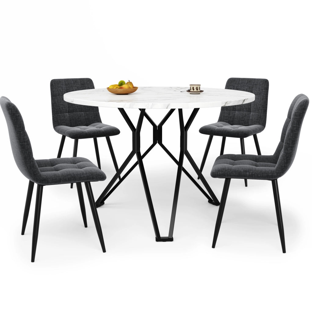 Set da pranzo 5 pezzi 100x100x76 cm con piano effetto marmo; gambe regolabili; MDF; lino; nero grigio