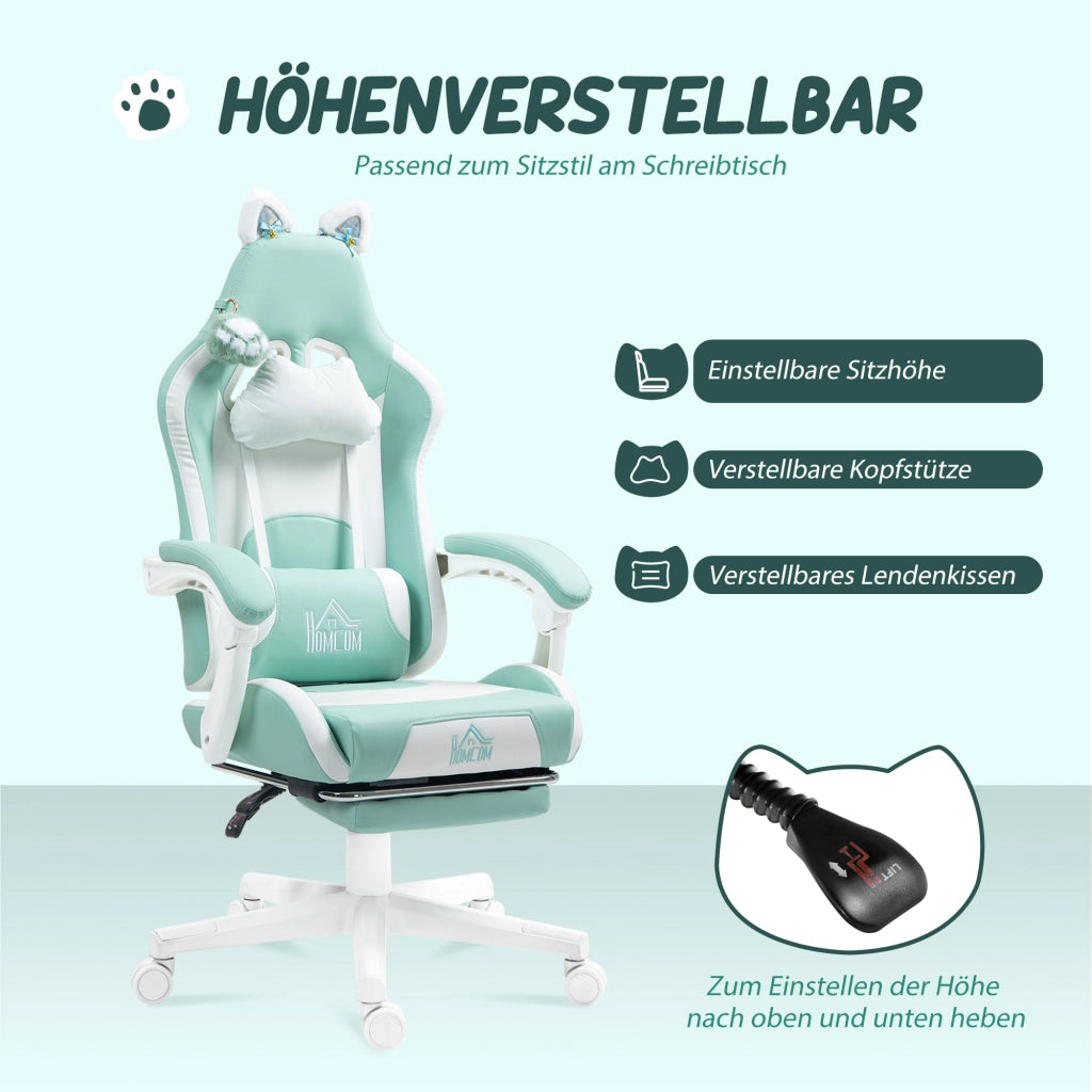 Poltrona Gaming con Orecchie da Gatto ¨C Zephmum ¨C Reclinabile, Poggiapiedi Estraibile, Blu, 120 kg
