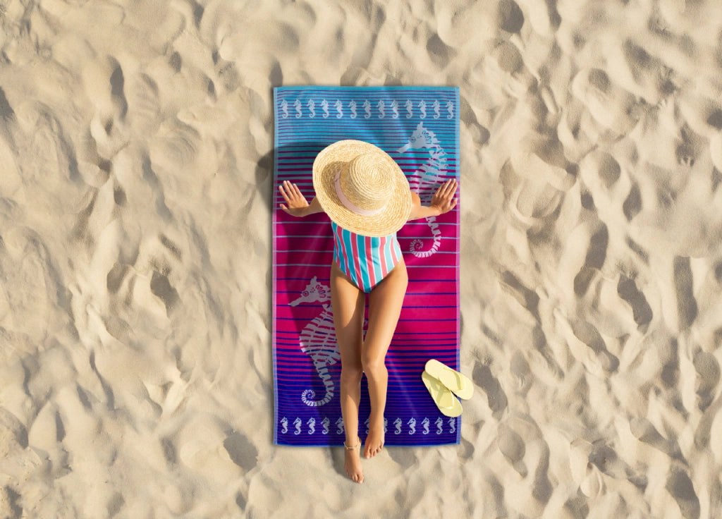 Telo Mare Jacquard Spugna Asciugamano Spiaggia Disegno Love Sea Horse - Telo Mare - Fucsia