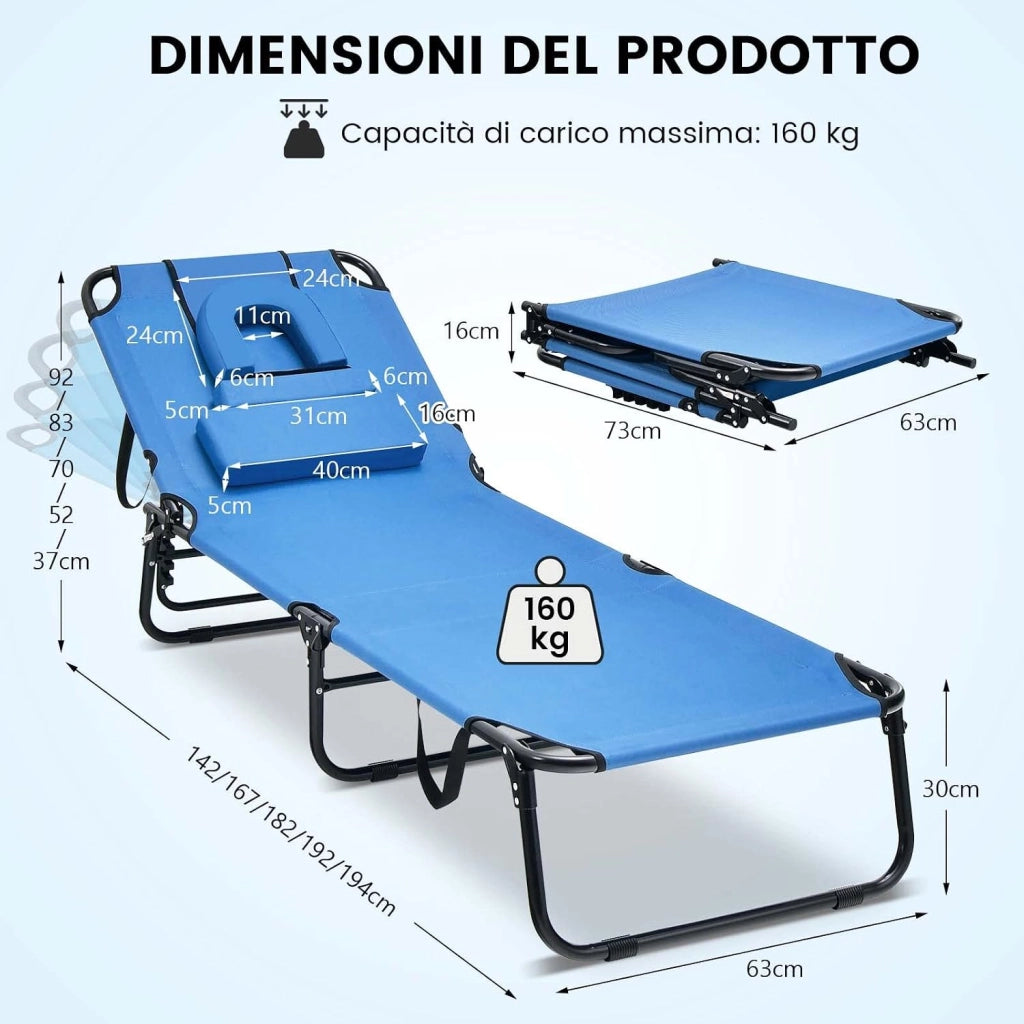 Lettino Pieghevole Spiaggia, Lettino Sdraio da Mare con Foro per il Viso e 3 Cuscini Rimovibili, Schienale Regolabile 5 Posizioni, Lettino Prendisole da Campeggio, Portata 160kg (1, Blu)