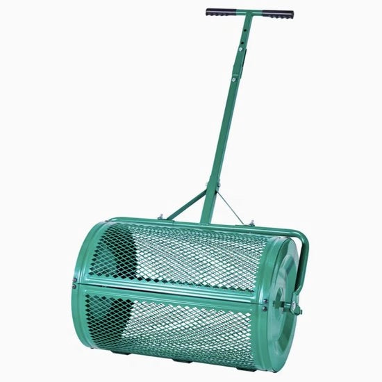Spreedatore di compost 24 pollici di larghezza per il disseminatore di erba con manubrio regolabile in altezza e maniglie di spinta e trazione per il disseminatore di erba in acciaio per semi di erba, compost e cura del suolo