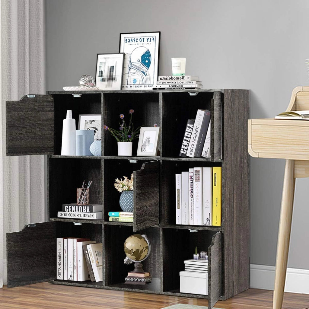 Scaffale Portaoggetti Guardaroba Mensola Libreria in Legno Mobile con 9 Cubi, Scaffale Cubo Porta Libri (Grigio-Marrone)