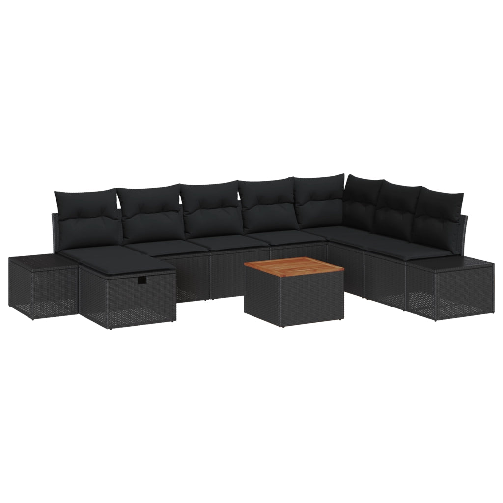 Set da giardino a 9 pezzi con cuscini in polyrattan nero