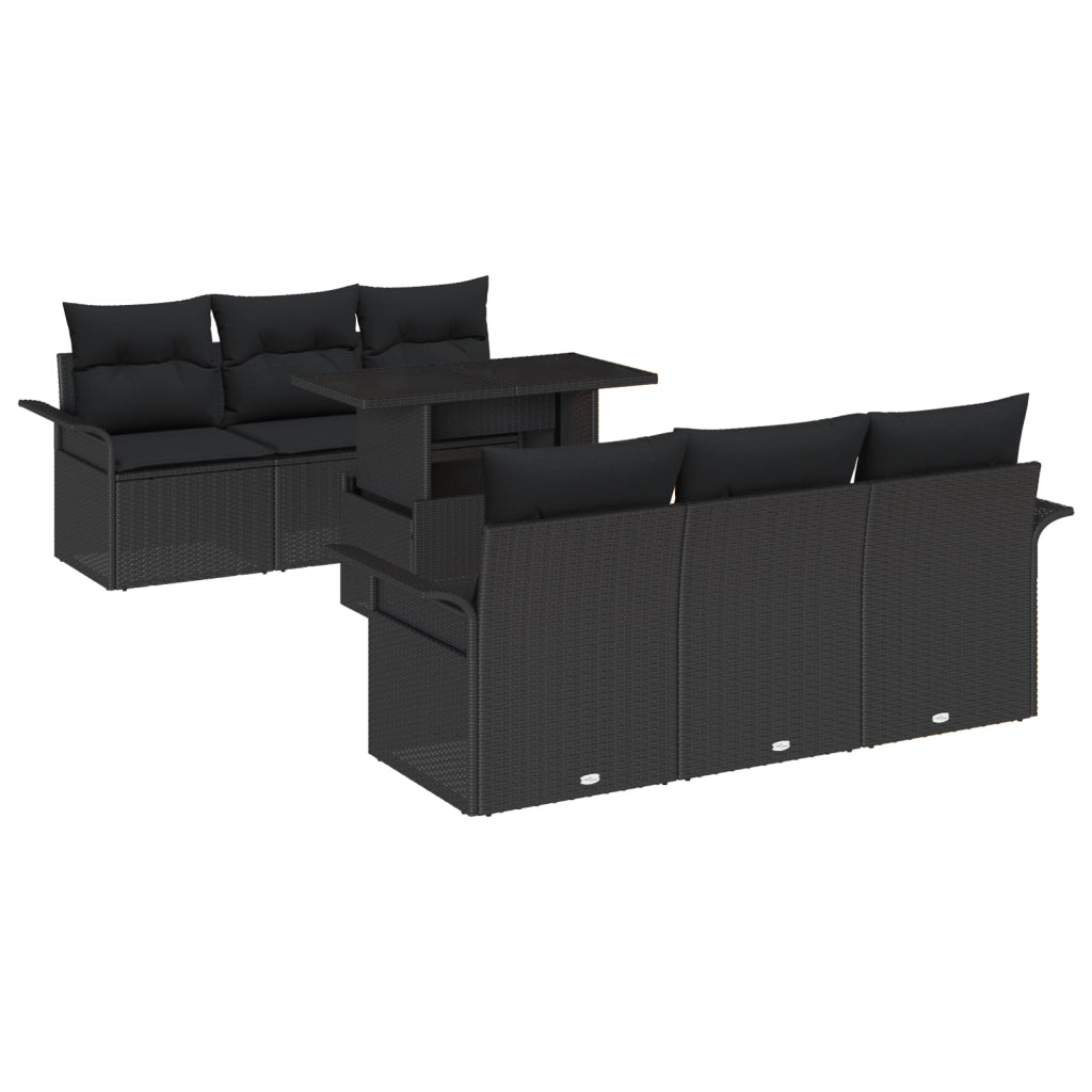 Set Divano da Giardino  7 Pezzi con Cuscini Nero Poly Rattan