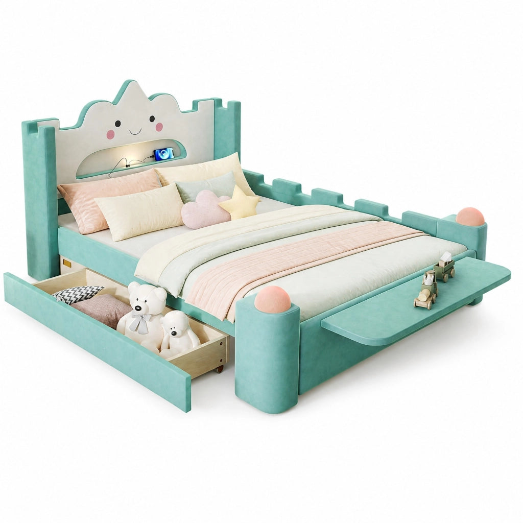 Letto con Sponda 140x200 cm; Letto Singolo - USB; Lampada e Cassetto - Bluverde