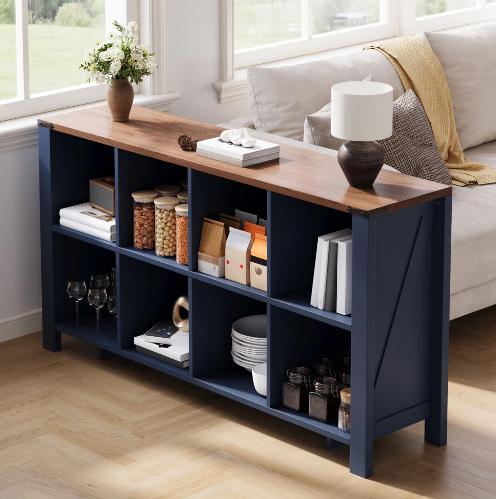 Mobile contenitore a 8 vani aperti 140x34x75 cm in MDF blu HOMVRA
