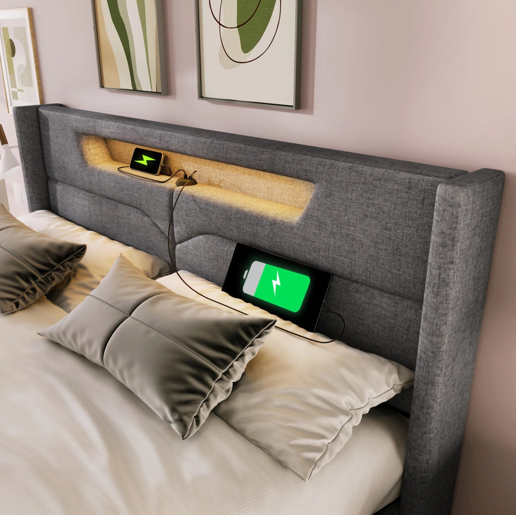 Letto contenitore 140x200 in lino grigio con LED; USB Type-C e struttura in ferro