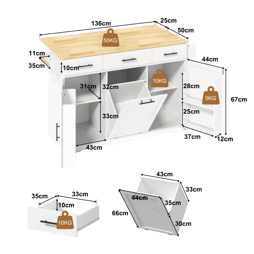 Carrello da cucina con 3 cassetti; 2 vani e vano porta rifiuti con piano ribaltabile per cucina