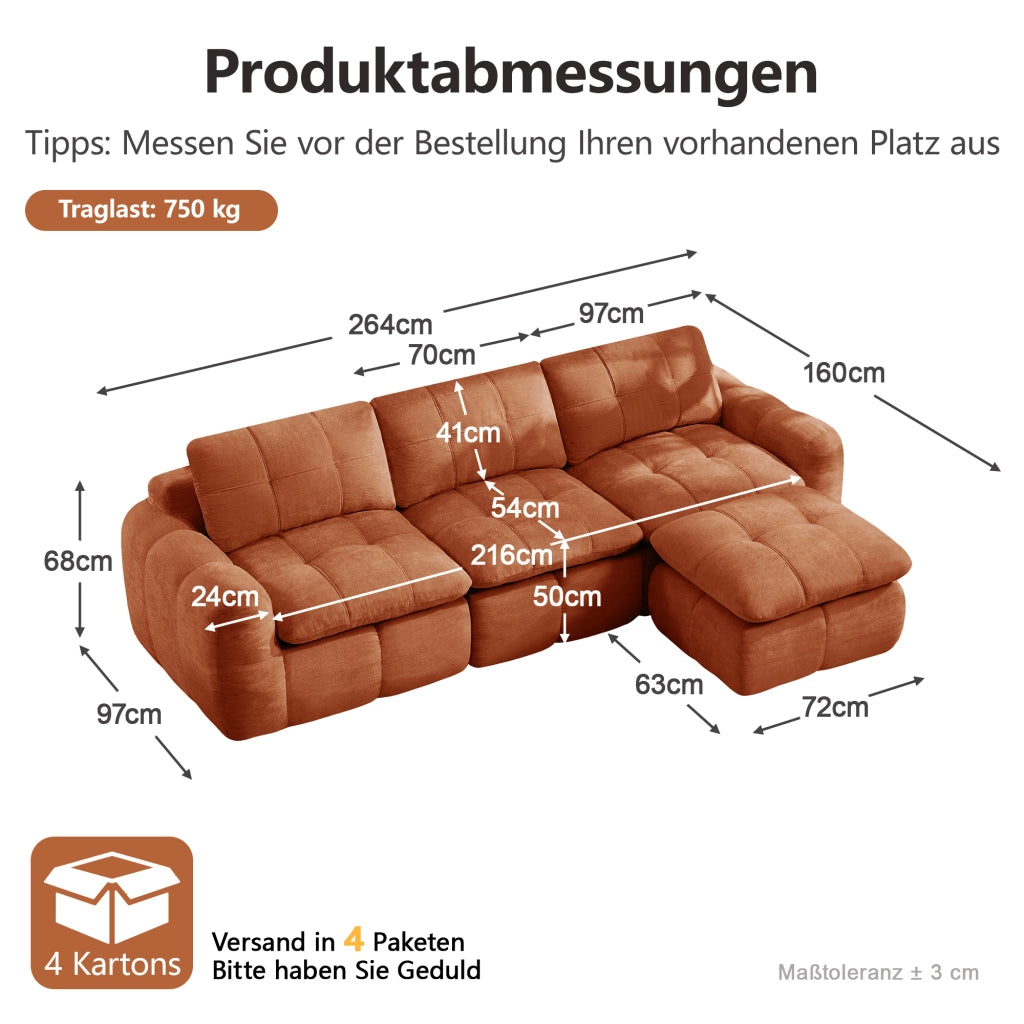 Divano modulare angolare 3 posti senza struttura con pouf in chenille arancione per salotto 264 × 160 × 68 cm