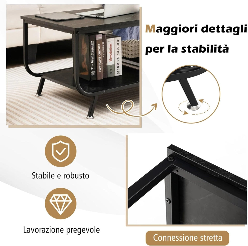 Tavolino da Caffè da Divano, Tavolino Rettangolare con Piano in Marmo Sintetico a 2 Livelli e Struttura in Metallo, Ripiano di Stoccaggio, Tavolino per Salotto, Ufficio e Studio (Nero)