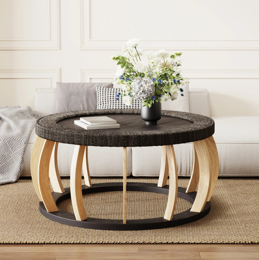 Tavolino da caffè rotondo in legno e rattan 90 cm