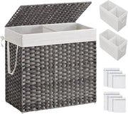 Cestino della spazzatura con coperchio, 130 L, 2 tasche rimovibili, 6 aperture per sacchetto, rotan, doppio per bagno, 33 x 66 x 69 cm, grigio ULCB253G01