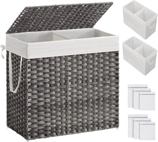 Cestino della spazzatura con coperchio, 130 L, 2 tasche rimovibili, 6 aperture per sacchetto, rotan, doppio per bagno, 33 x 66 x 69 cm, grigio ULCB253G01