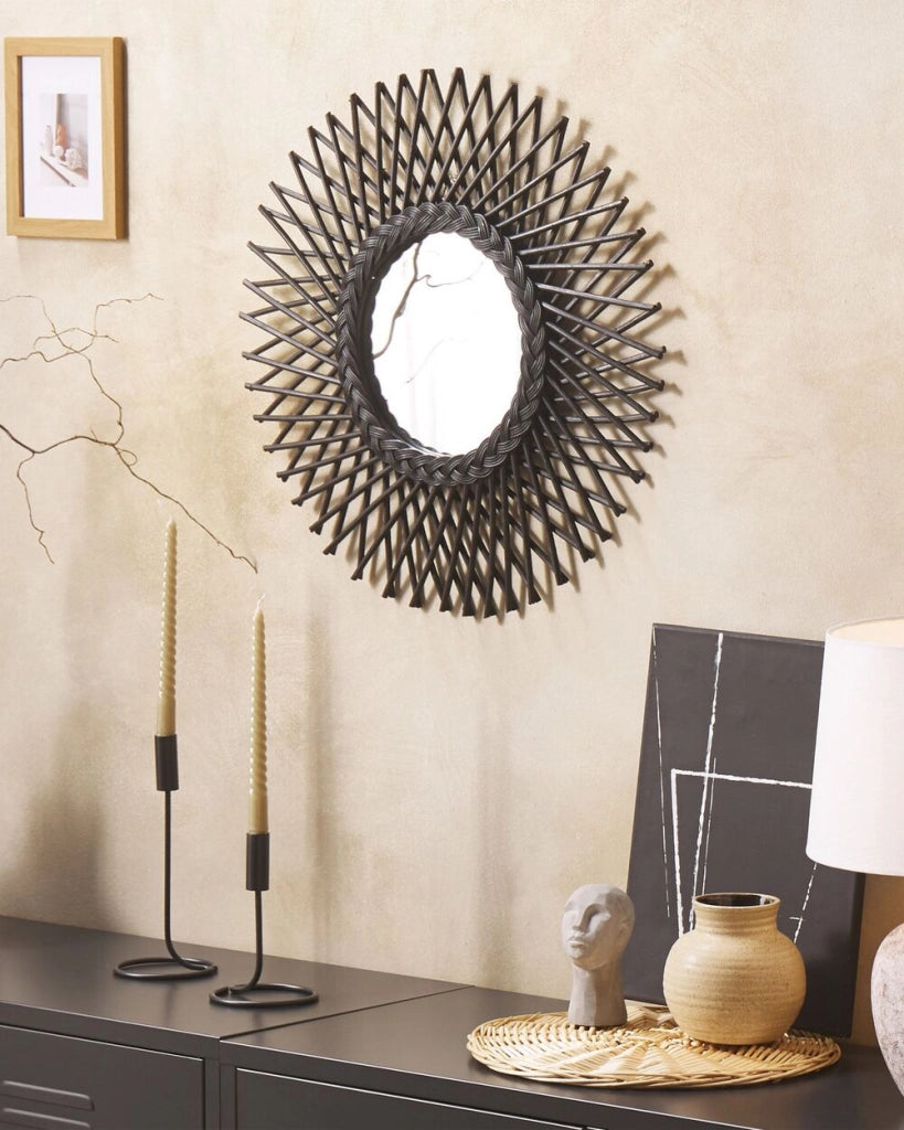 Specchio da parete in rattan Nero 60 cm Boho Forma di Sole Ganci di montaggio Soggiorno Camera da letto