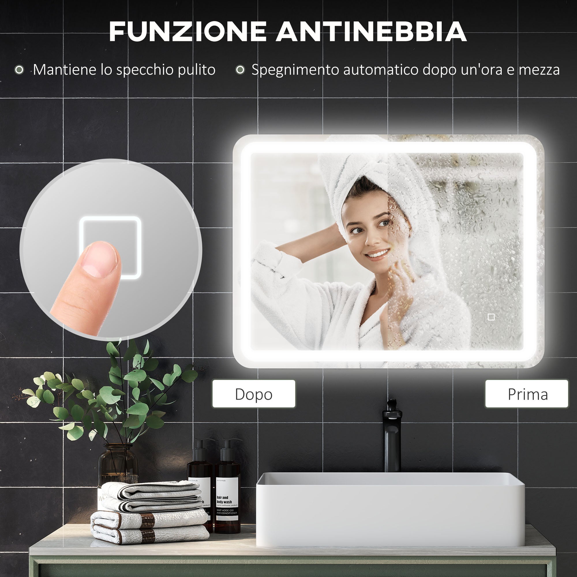 Specchio Bagno 60x80 cm LED Touch con Luce Dimmerabile a 3 Temperature e Antiappannamento