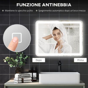 Specchio Bagno 60x80 cm LED Touch con Luce Dimmerabile a 3 Temperature e Antiappannamento