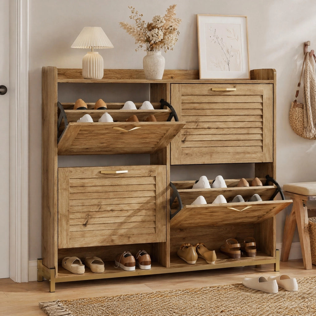 Scarpiera salvaspazio con 4 ante; 108;5 x 24 x 100 cm; in MDF effetto legno con base in metallo