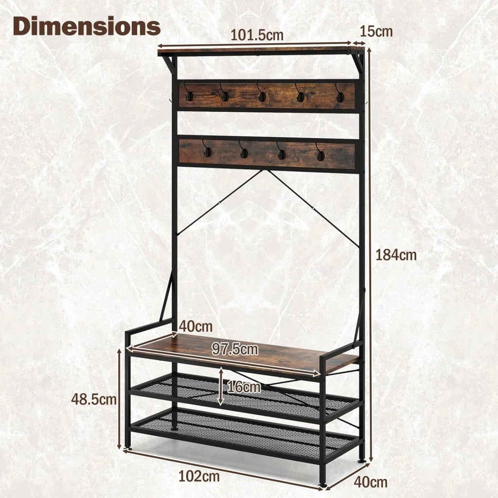 Porta Abiti 4-in-1, Albero da Ingresso Autoportante con Scaffale per Scarpe e 11 Ganci, Struttura in Metallo e Kit Antiribaltamento, Organizzatore per Soggiorno Industriale con Panca (Marrone)