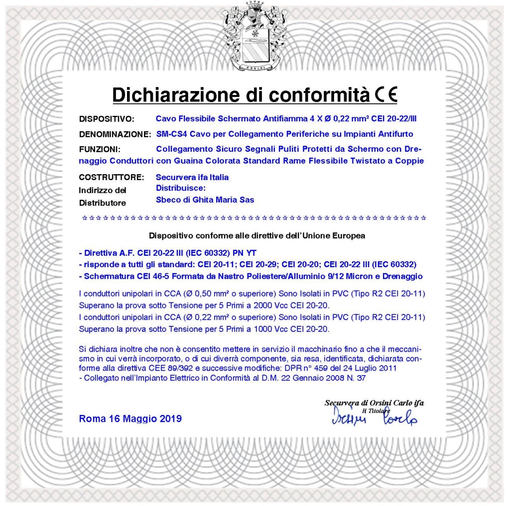 Cavo Schermato Flessibile Antifiamma 4x0,22 mm² Guaina PVC Bianco Prot. Alluminio/Poliest Drenaggio 4 Conduttori Coppie Polariz. Fili 7 Ø 0,19 mm Per Impianti di Allarme Antifurto Norma CEI 20/22-III