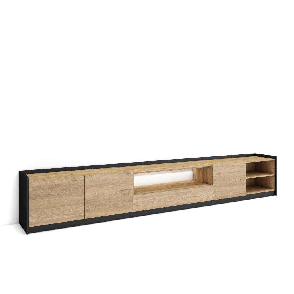 Mobile TV Soggiorno, 310x50x37 cm, Per TV fino a 80", LED, Rovere e nero