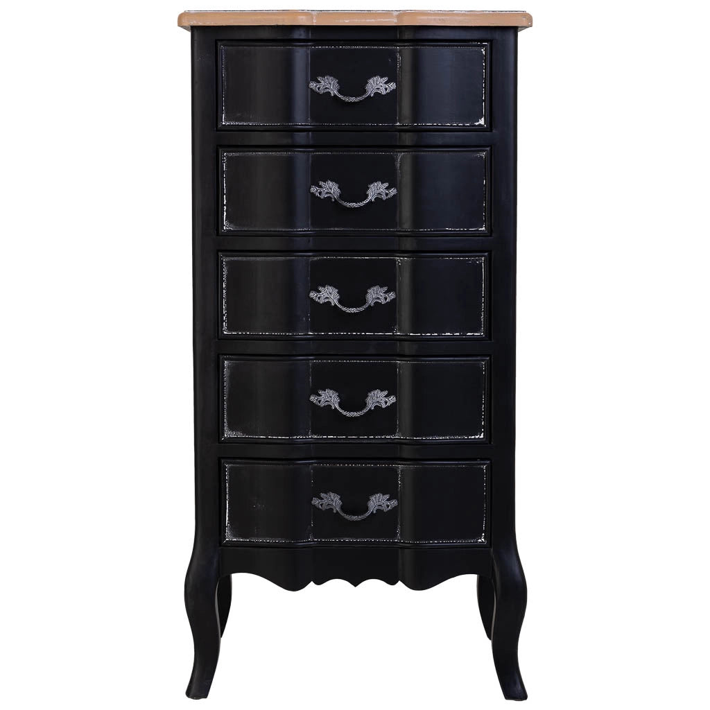 Comò in legno laccato nero invecchiato con 5 cassetti 50x40x98h cm