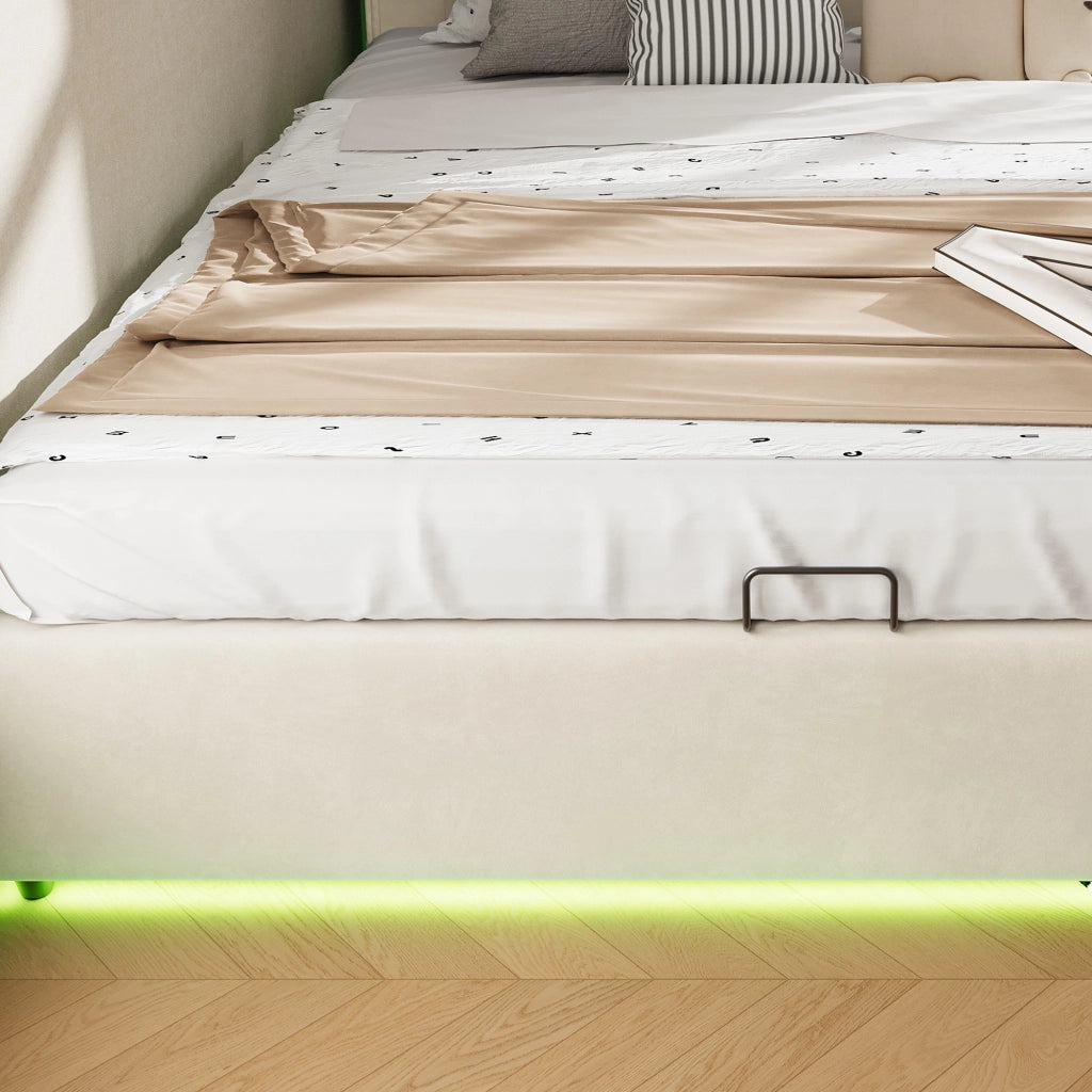 DESMIU letto contenitore bambino 140 × 200 cm 1 posto con 3 cassetti, LED, senza materasso, in velluto beige