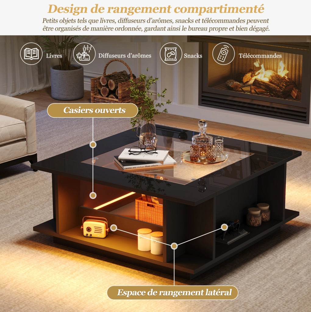 Tavolino da caffè quadrato 70x70x30 cm con piano in vetro; finitura nero lucido e LED
