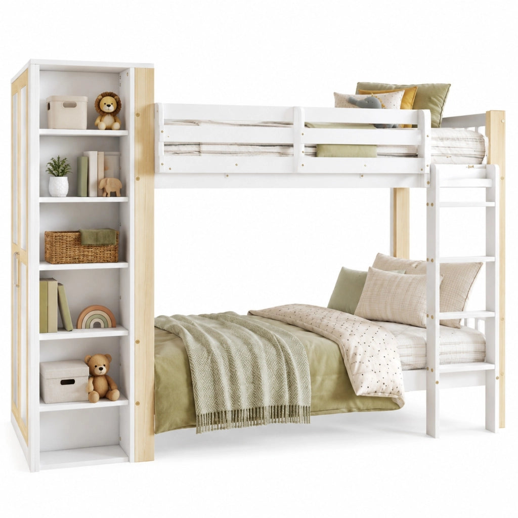 LETTO A CASTELLO 90x200 cm Bianco+Naturale con scala a 4 gradini e armadio laterale