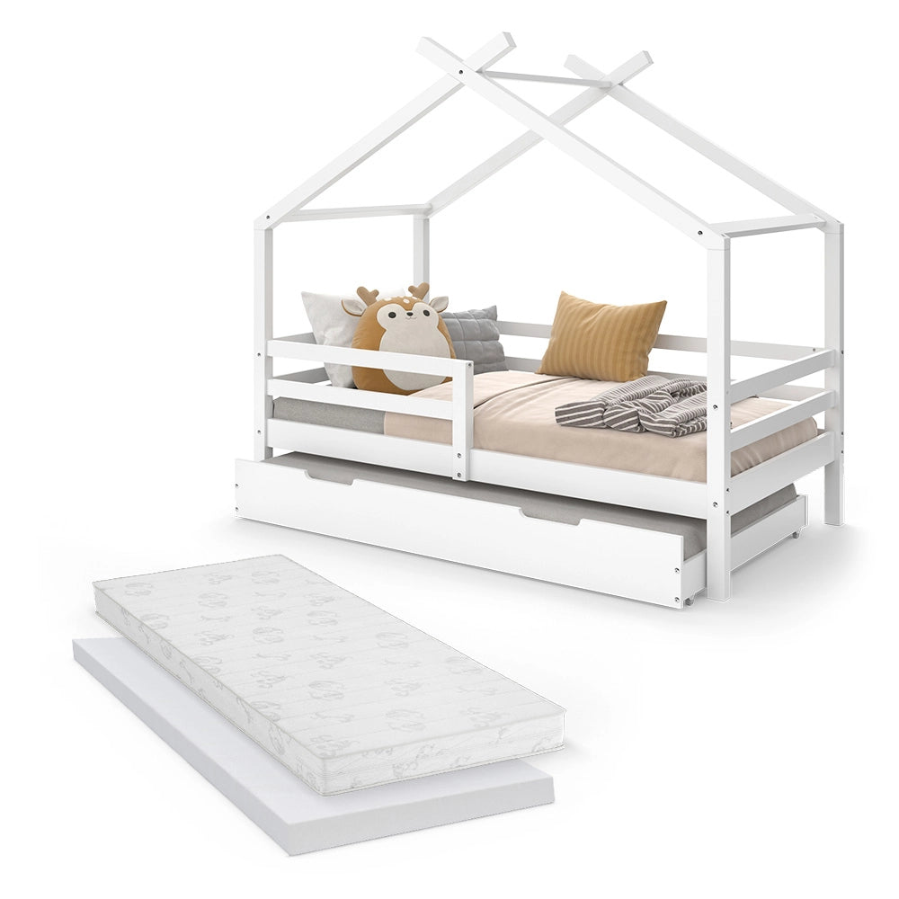 Vitalispa Letto montessori bambini Bianco 160 x 80 cm Con letto ospite estraibile e materassi