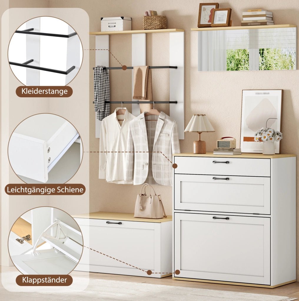 Set guardaroba modulare con scarpiera, specchio e appendiabiti, 156 x 36 x 176 cm