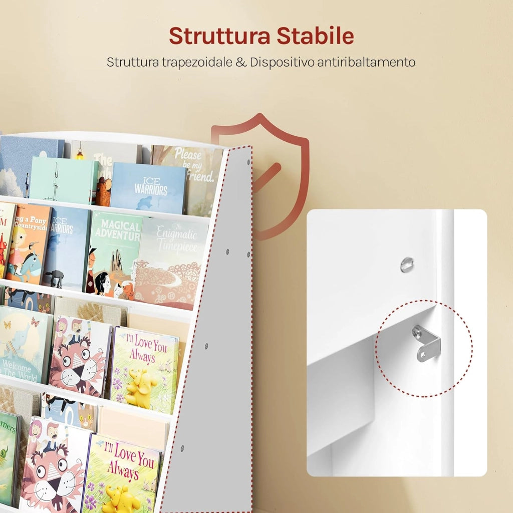 Scaffale Portagiochi Bambini con 4 Scomparti Aperti, Libreria Montessoriana in MDF con Antiribaltamento, 61 x 30 x 70 cm, Bianco