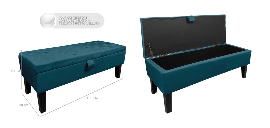 Divanetto In Velluto Panca Contenitore Pouf PortaOggetti Panca Sgabello A Pie Di Letto Cassapanca Ingresso Legno Massello Panchina - Petrolio