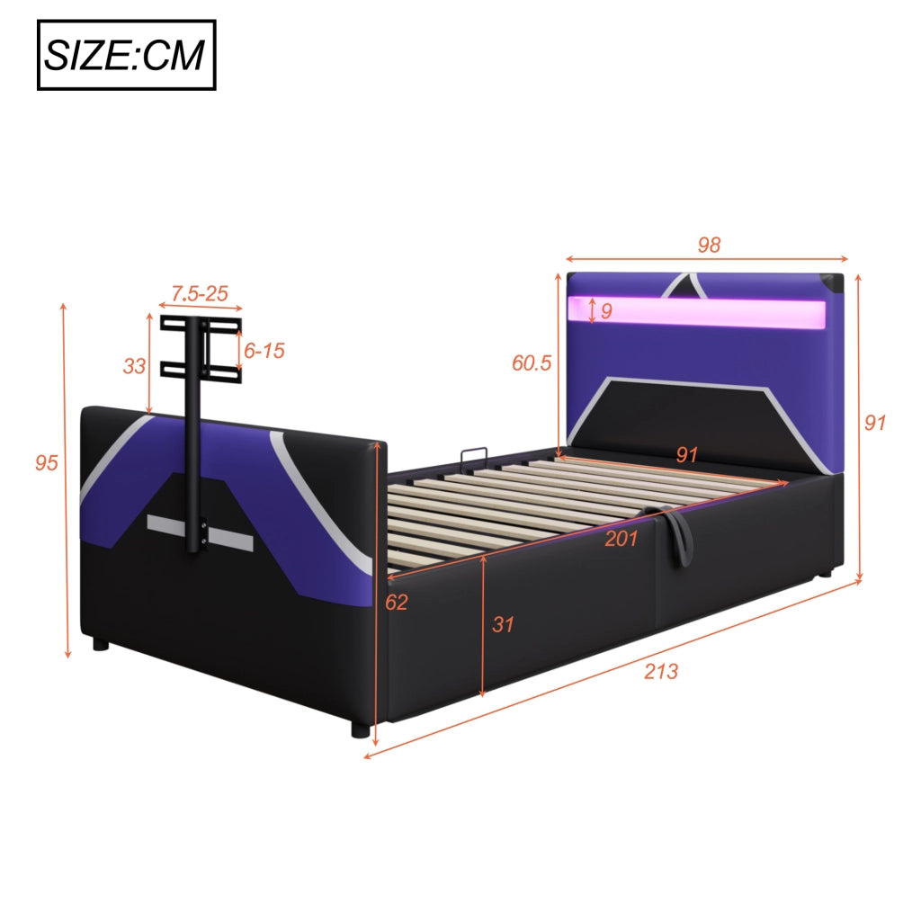 Letto per bambini gaming - Zephmum- 90x200 - PU pelle, LED colori, idraulico, supporto TV