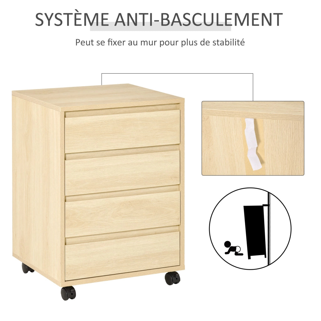 Scrivania con cassetti ¨C zephmum ¨C 4 cassetti, ruote, legno chiaro