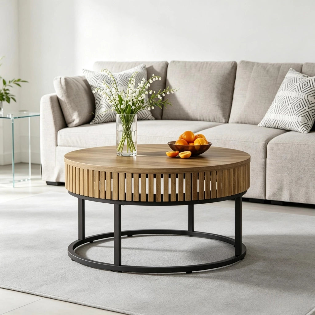 Tavolino da caff¨¨ rotondo ULEVR ? 80 cm in MDF e metallo, nero e marrone