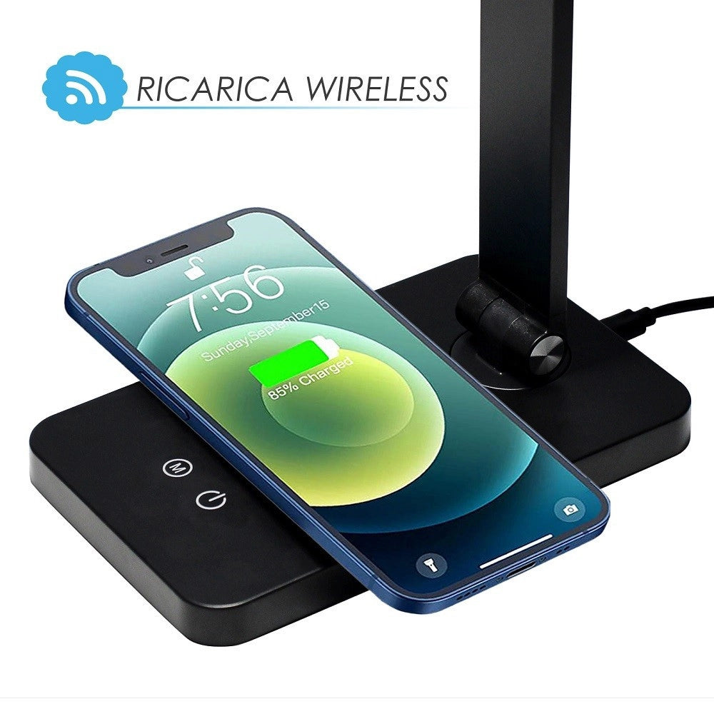 Trade Shop - Lampada Da Tavolo Led Da Scrivania Con Ricarica Wireless Per Cellulari Xc-2681 -