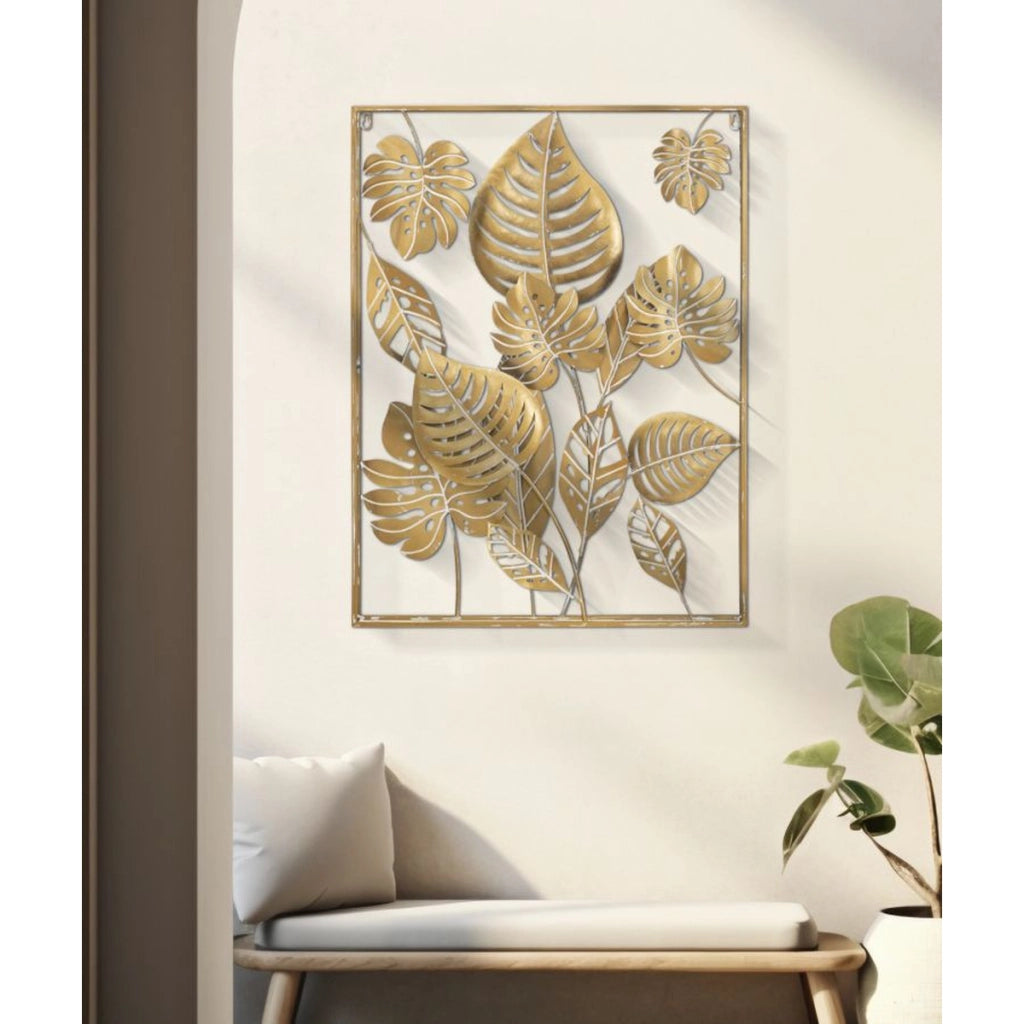 Decorazione in Metallo 3D Foglia 20, Oro, Metallo, 60x6,5x80 cm