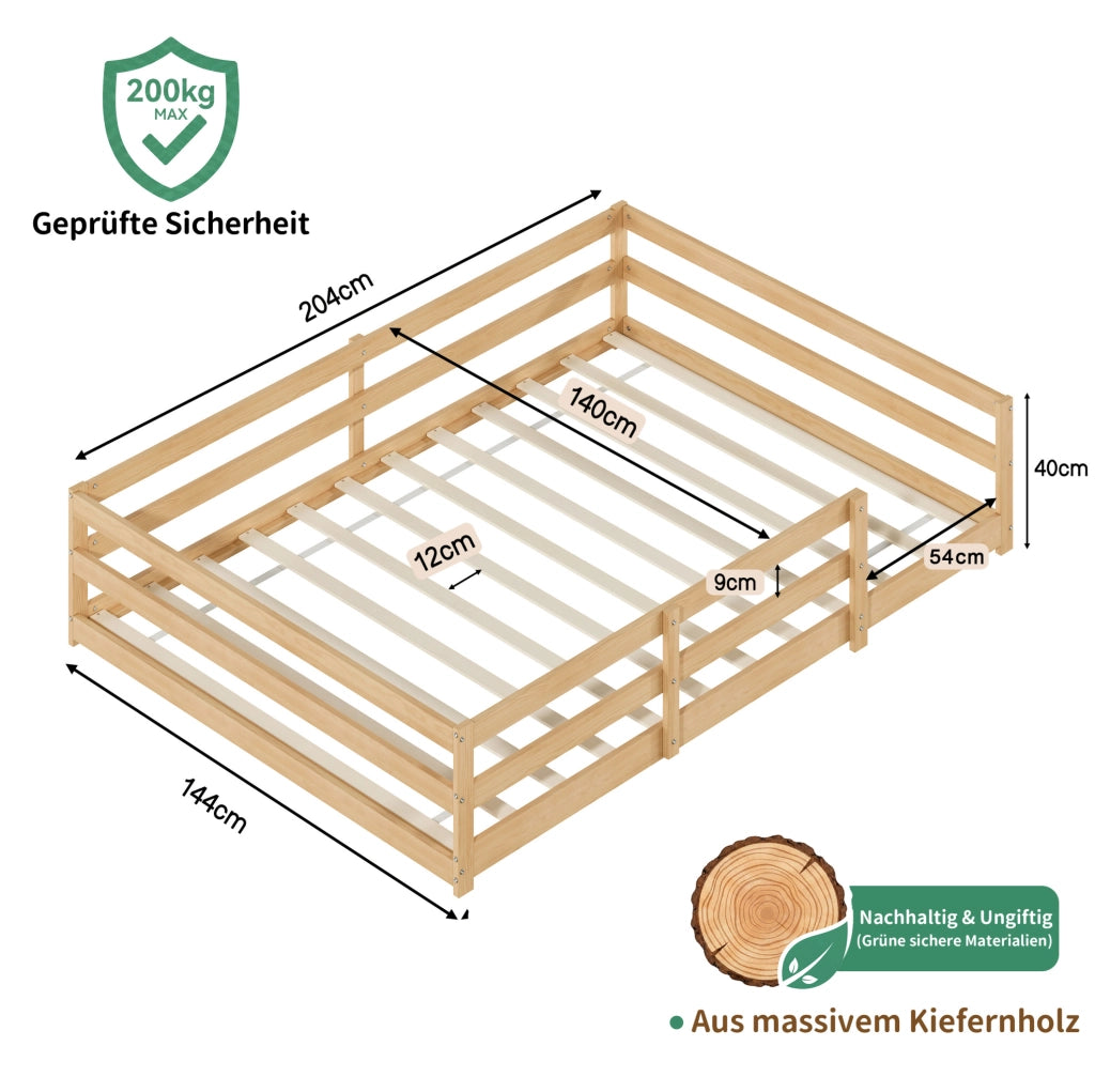 Letto per bambini 140x200 cm con sponde su 4 lati e rete a doghe in legno colore naturale