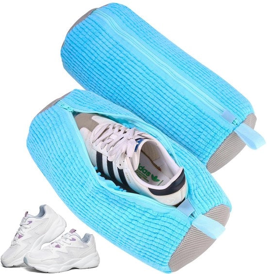 Sacco di Lavaggio per Scarpe, 2-pack Multi Sacco di Lavaggio per Scarpe con 360° Spazzola di Pulizia, Sacco di Lavaggio Self-Cleaning per Lavatrice e Asciugatrice (Blu)