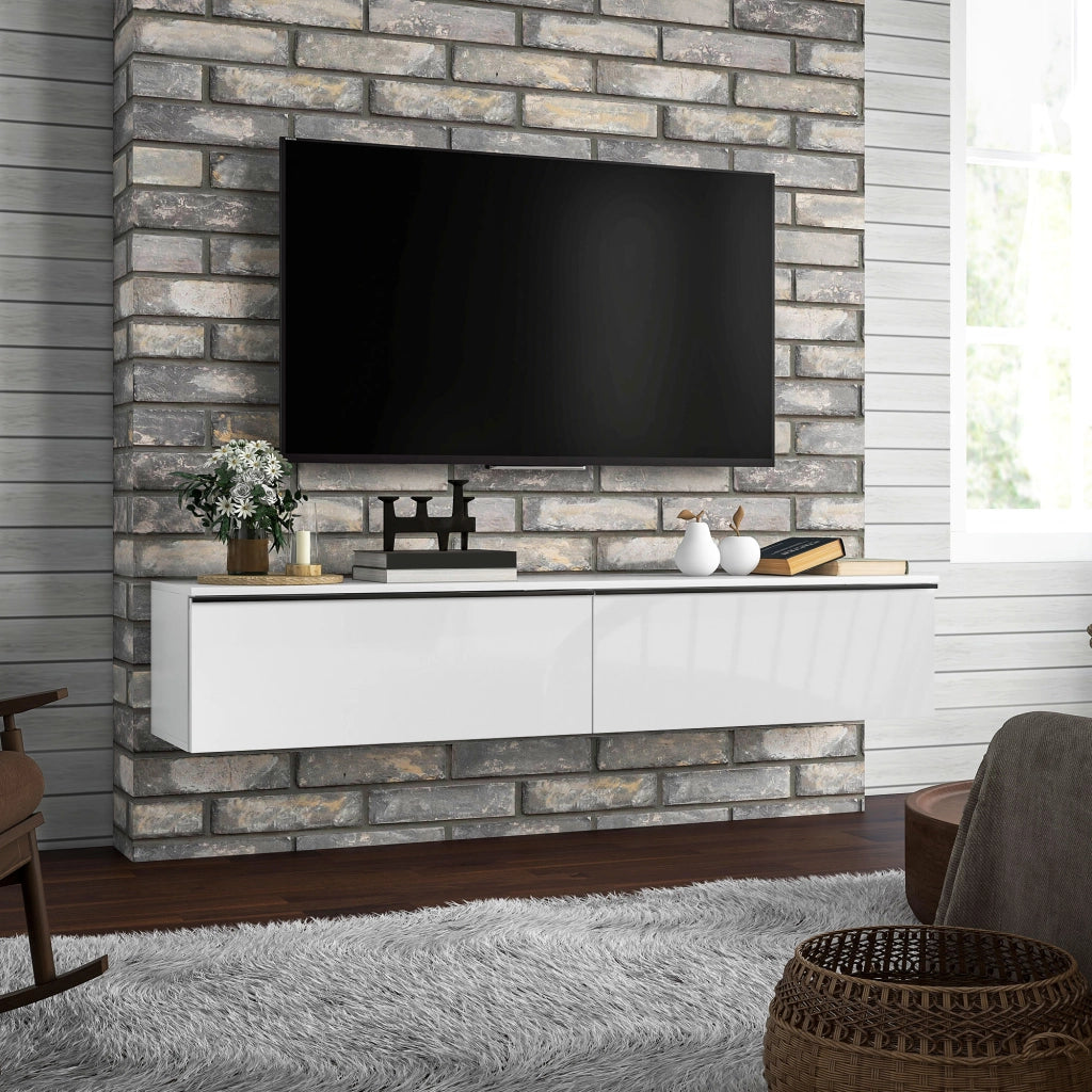Mobile TV Sospeso con Ante a Ribalta e Armadietti ¨C Zephmum ¨C Bianco Lucido 160x35x30 cm