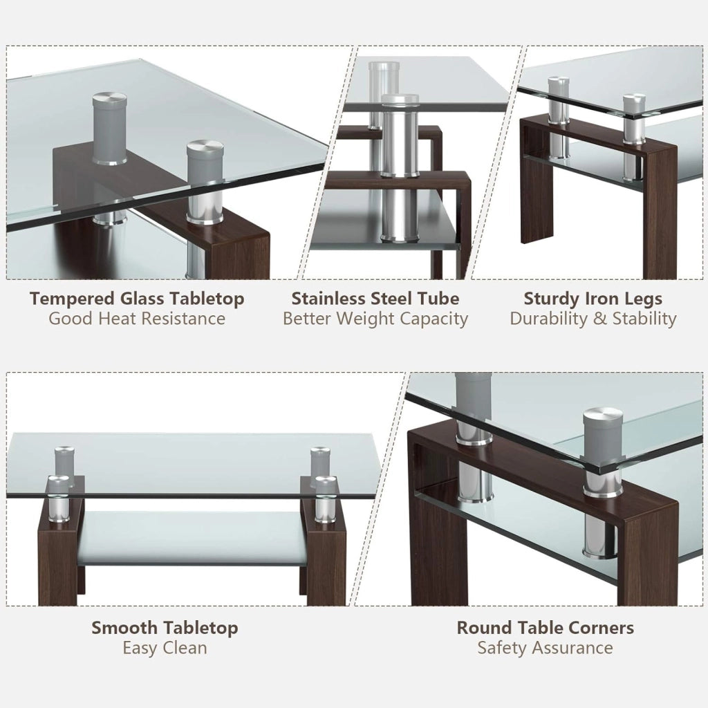 Tavolino da caffè rettangolare in vetro, moderno, tavolino da tè a 2 livelli, tavolino lungo con gambe in metallo, tavolo in vetro per soggiorno, ufficio, 99,5 x 59,5 x 44,5 cm