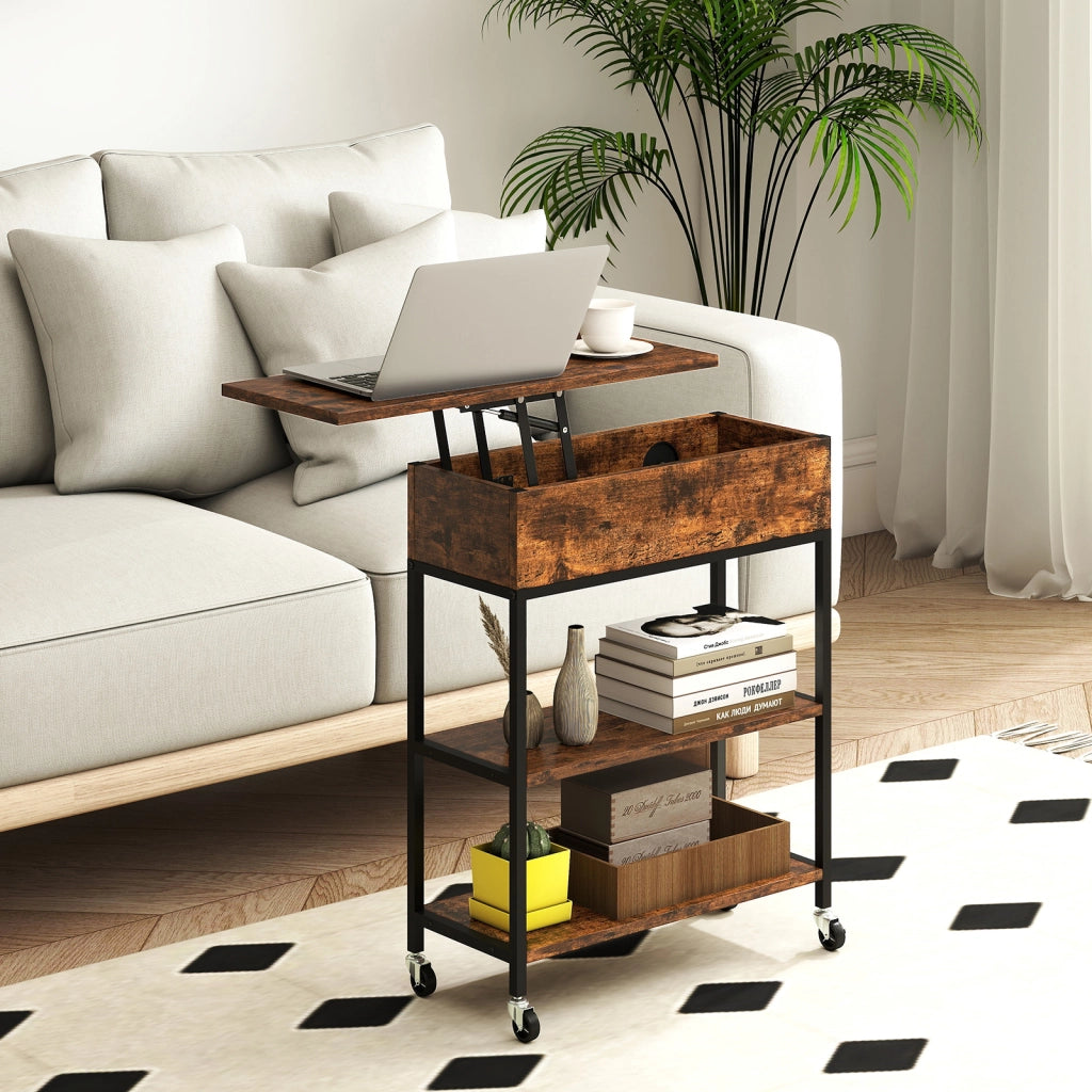 Tavolino piano sollevabile stazione ricarica laterale mobile ruote, Tavolino contenitore nascosto ripiani aperti comodino camera letto soggiorno