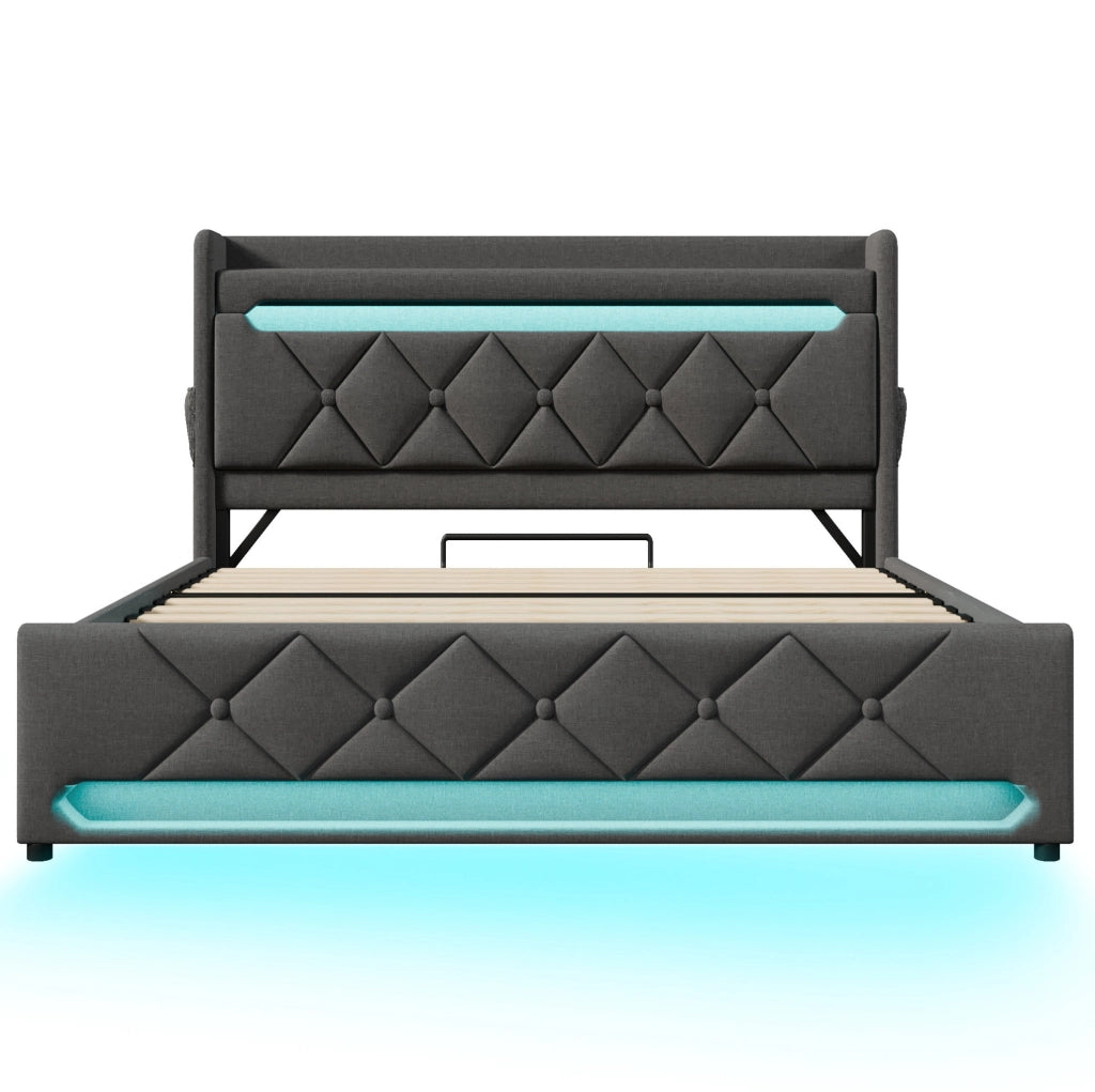 Letto matrimoniale 140x200 cm con contenitore idraulico; testiera con USB e Type-C; LED; grigio