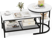Set di Tavolini da Caffè Componibili, 2 in 1 Set di Tavoli Rimovibili con Piano in Marmo Sintetico, Tavolino Rotondo e Tavolino Rettangolare per Salotto e Camera da Letto (Nero)