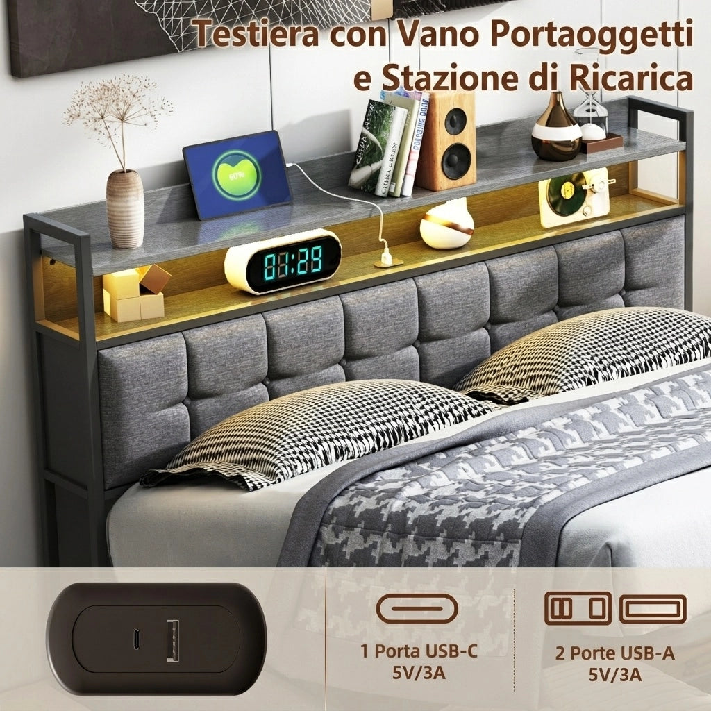 Letto matrimoniale 140x190 cm con contenitore LED USB testiera struttura letto MDF e PU - grigio