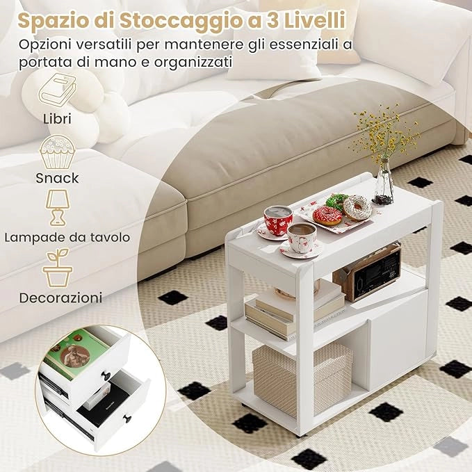 Tavolino da Salotto, Tavolino Moderno Laterale a 2 Cassetti con Ripiani Aperti e Ruote Universali Bloccabili, Tavolo Stretto per Soggiorno, Camera da Letto e Ufficio (Bianco)