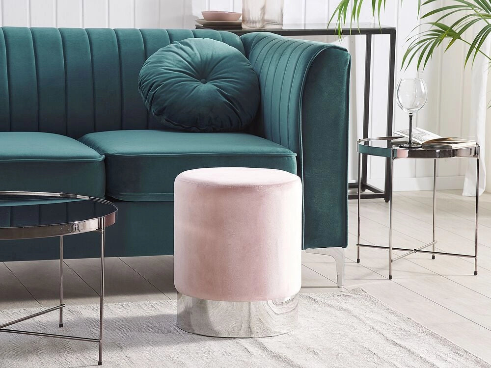 Pouf in velluto rosa con rivestimento in argento metallizzato con fascia stile glamour