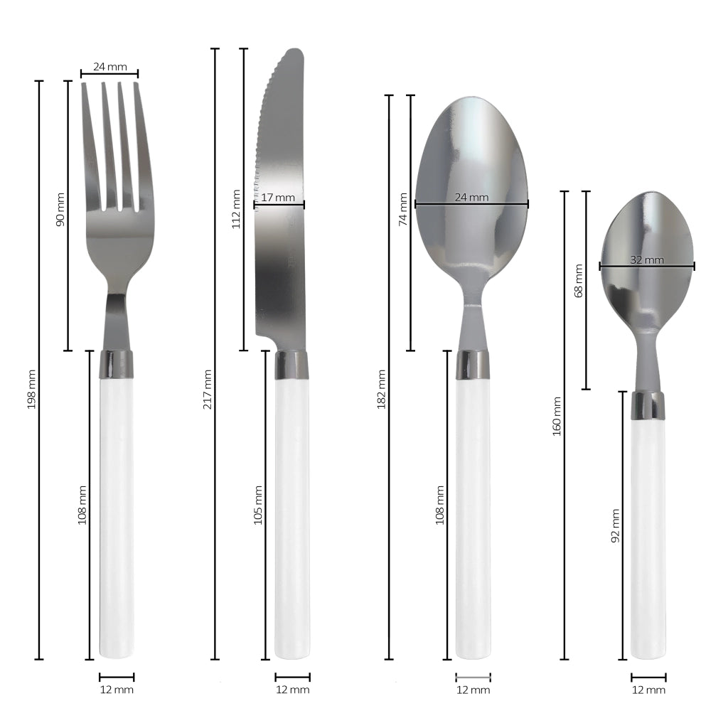 Servizio 24 Pezzi Posate Tavola Acciaio Inox Manici Colorati Tinta Unita Colori Moderni 6x Forchetta Coltello Cucchiaio Cucchiaino Lavabili Lavastoviglie Certificate Contatto Alimenti - Bianco