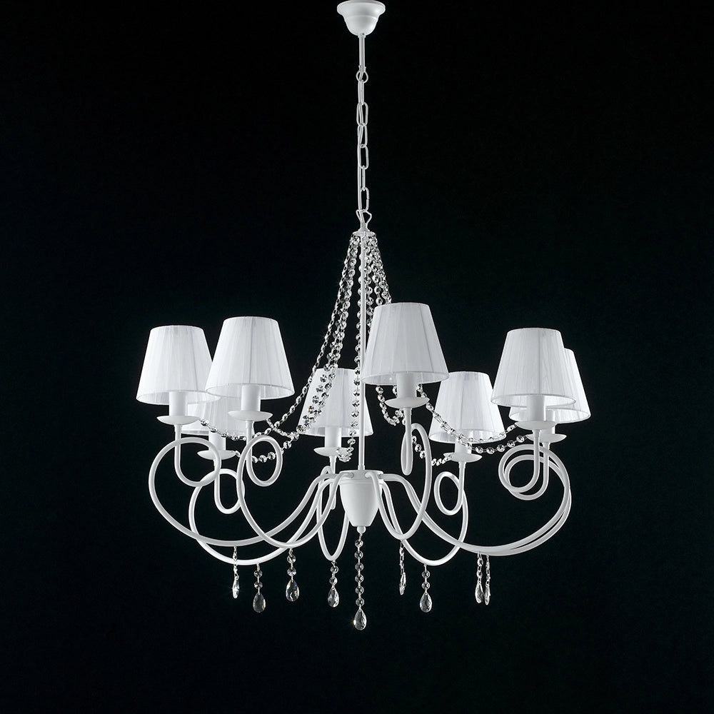 Lampadario Classico 8 Luci Ferro Bianco E Cristalli Con Paralumi Serie Elegant