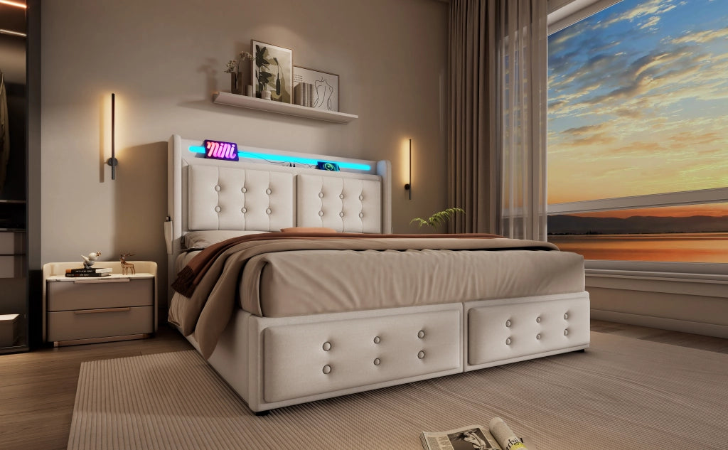 Letto matrimoniale 140x200 con testiera LED, prese USB e contenitore sollevabile, con materasso